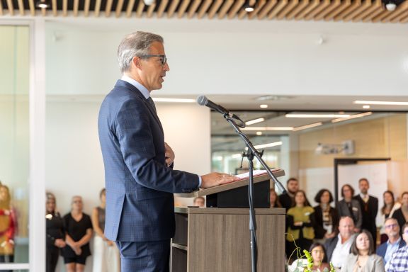 Brentwood College scHead of School Garth Chalmers addresses Brentwood Family during grand opening of Centre for Innovation and Learning 2024