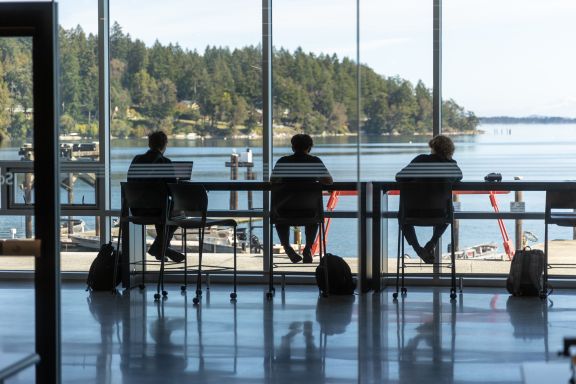 Students study with ocean views