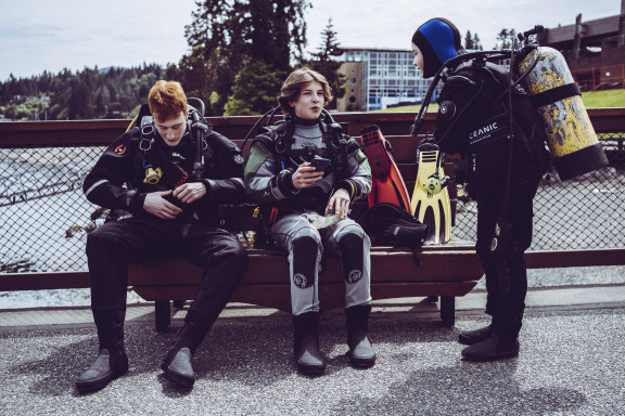 SCUBA students with their equipment on before a dive